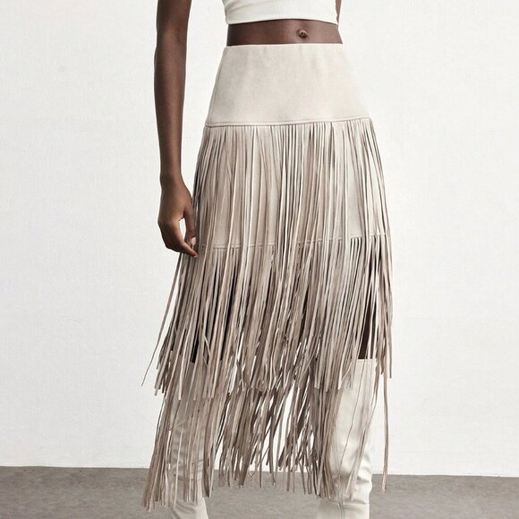 Khaki Boho Women's Chic Linen Tassel Skirt - Picture 4 of 7